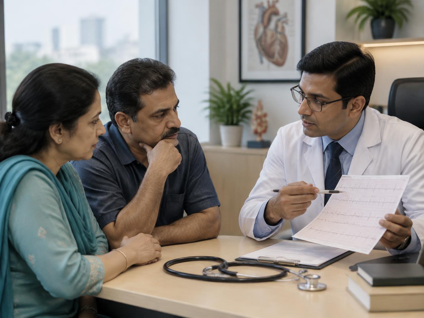 Illustrative: a cardiologist explaining an ECG to a patient and family member