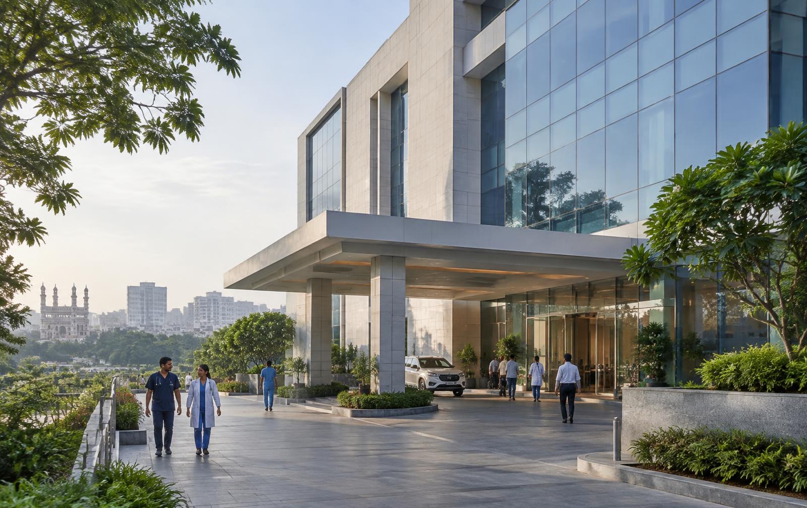 Illustrative: modern hospital architecture in Hyderabad in soft morning light