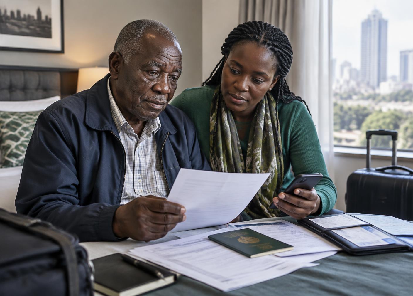 Illustrative: a patient and family member in Nairobi preparing documents for travel