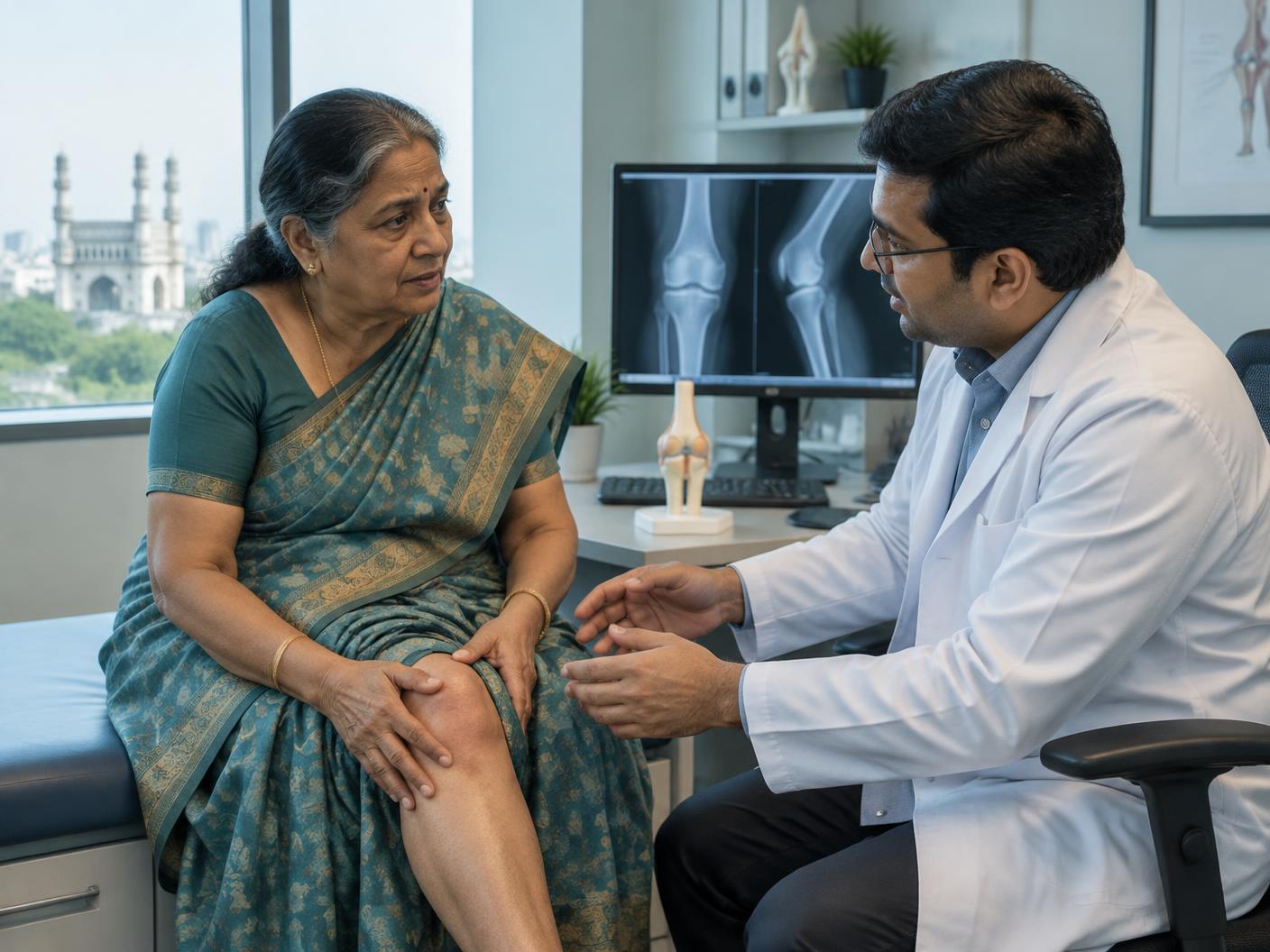 Illustrative: an orthopaedic consultation discussing a knee X-ray